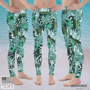 Green Tropical Leaf Meggings, Hawaiian Men's Leggings Compression Tights-Made in USA/EU