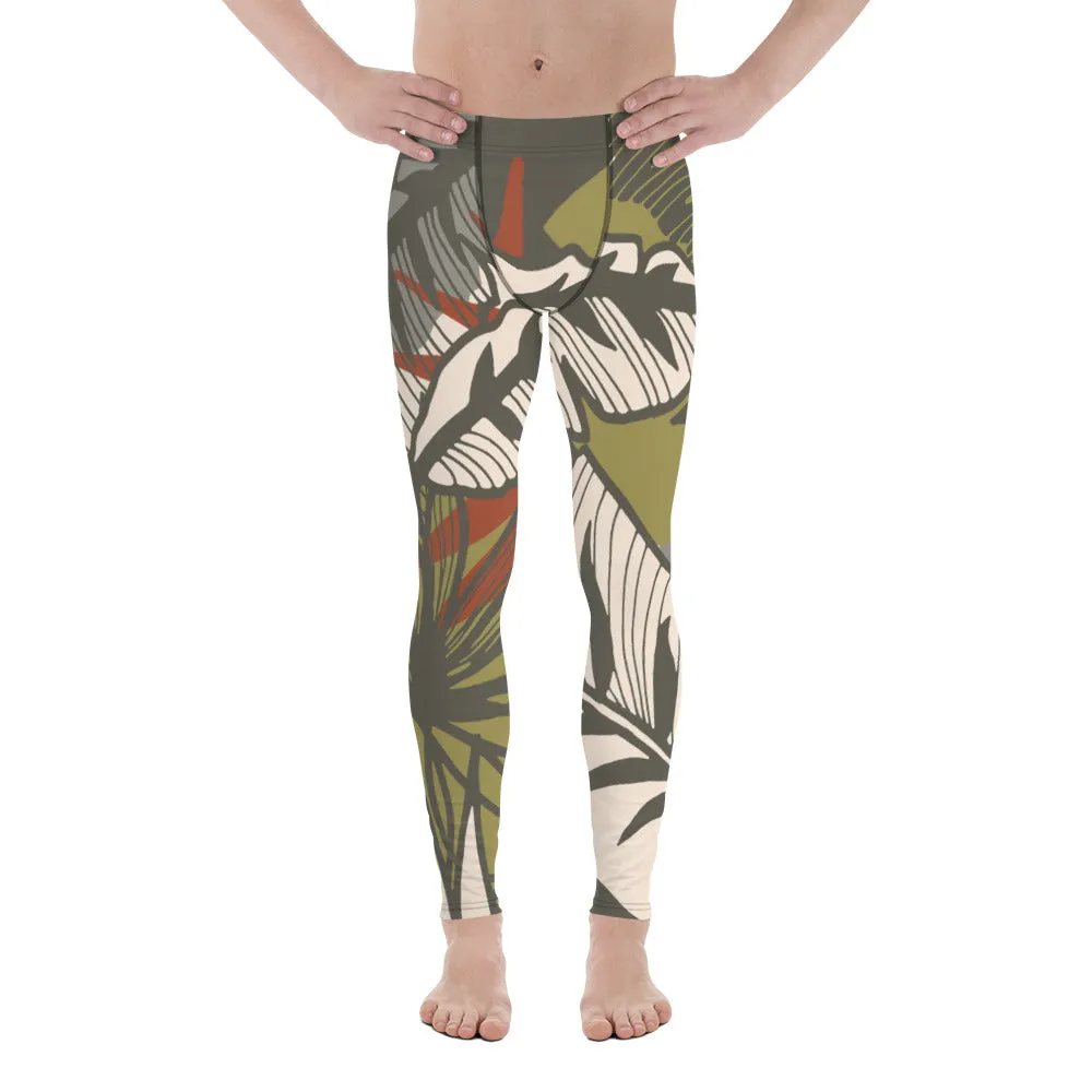 Green Tropical Leaves Meggings, Best Men's Leggings, Tropical Leaves Print Designer Running Compression Tights For Men - Made in USA/EU/MX