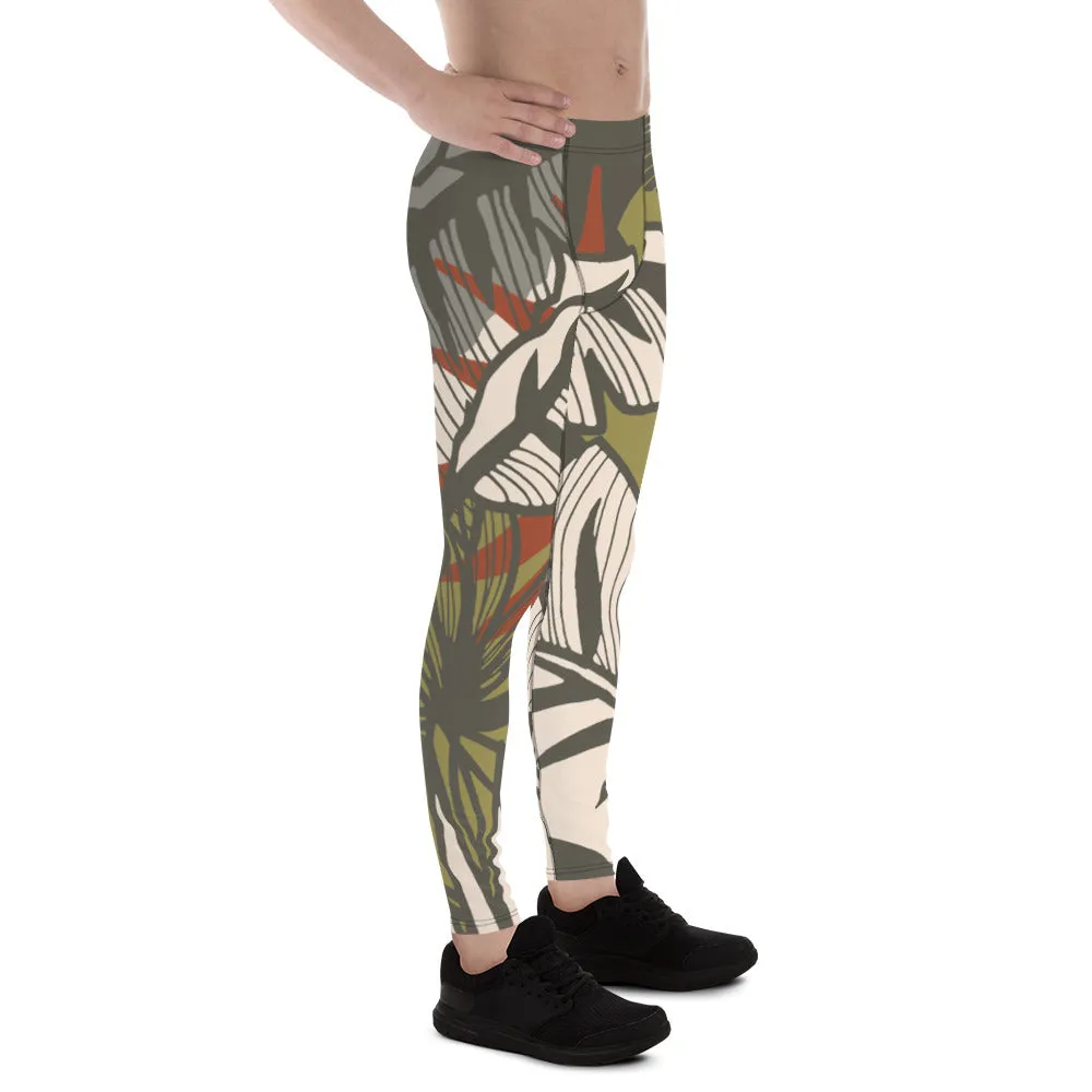 Green Tropical Leaves Meggings, Best Men's Leggings, Tropical Leaves Print Designer Running Compression Tights For Men - Made in USA/EU/MX