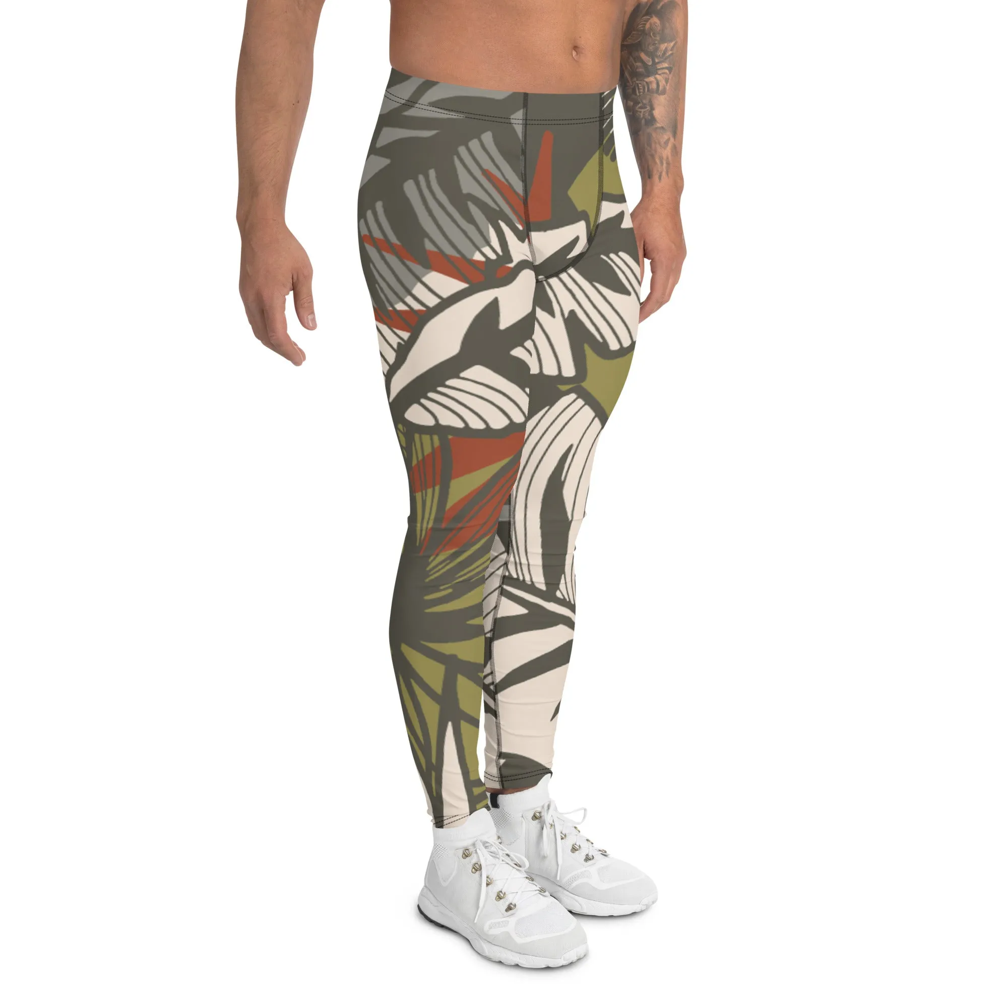 Green Tropical Leaves Meggings, Best Men's Leggings, Tropical Leaves Print Designer Running Compression Tights For Men - Made in USA/EU/MX