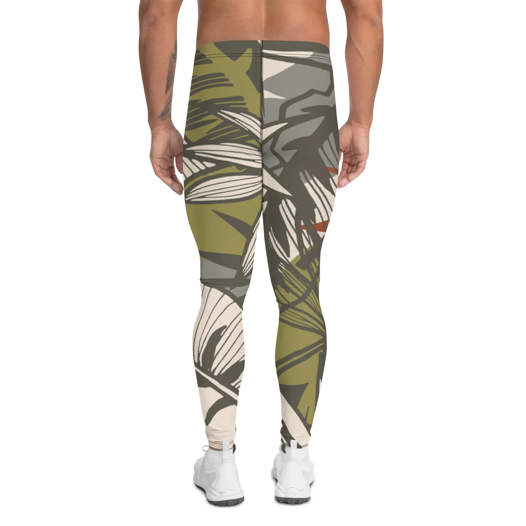 Green Tropical Leaves Meggings, Best Men's Leggings, Tropical Leaves Print Designer Running Compression Tights For Men - Made in USA/EU/MX