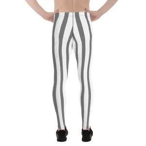 Grey & White Stripes Meggings, Men's Running Circus Leggings & Run Tights Meggings Pants