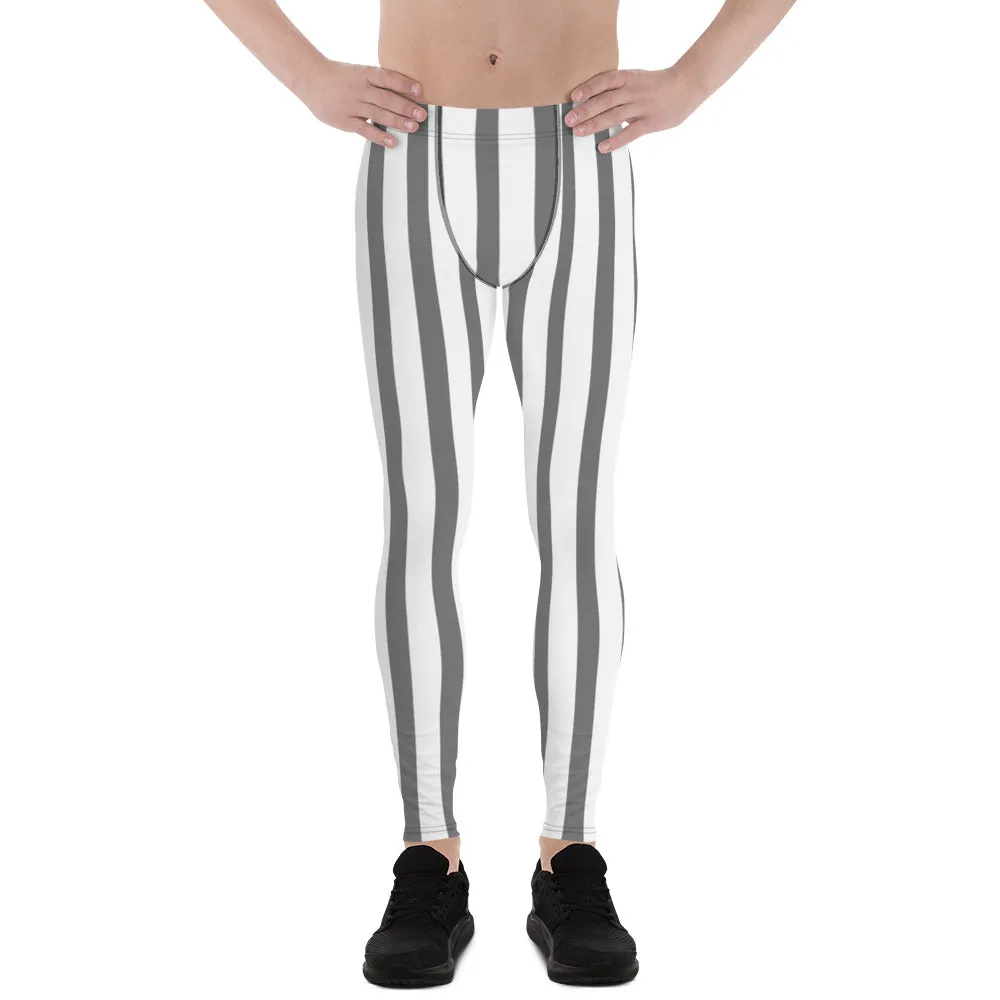 Grey & White Stripes Meggings, Men's Running Circus Leggings & Run Tights Meggings Pants