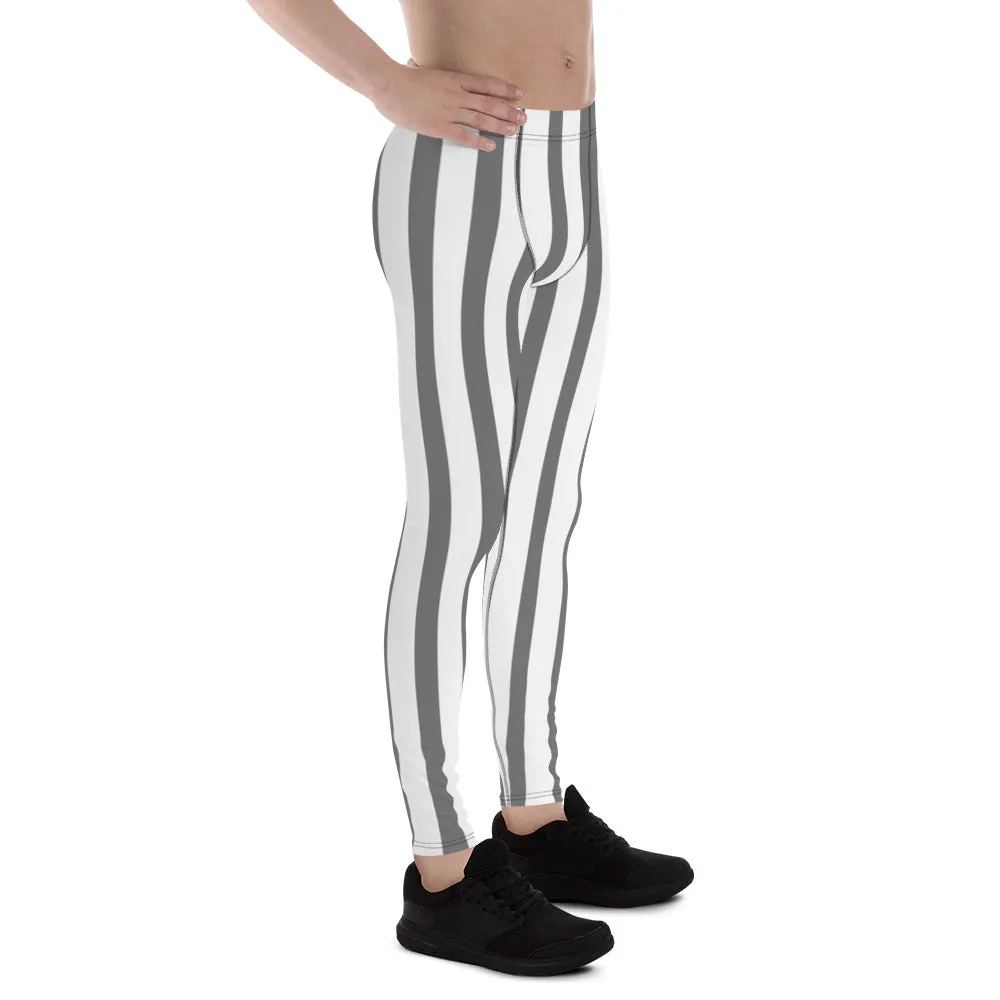 Grey & White Stripes Meggings, Men's Running Circus Leggings & Run Tights Meggings Pants