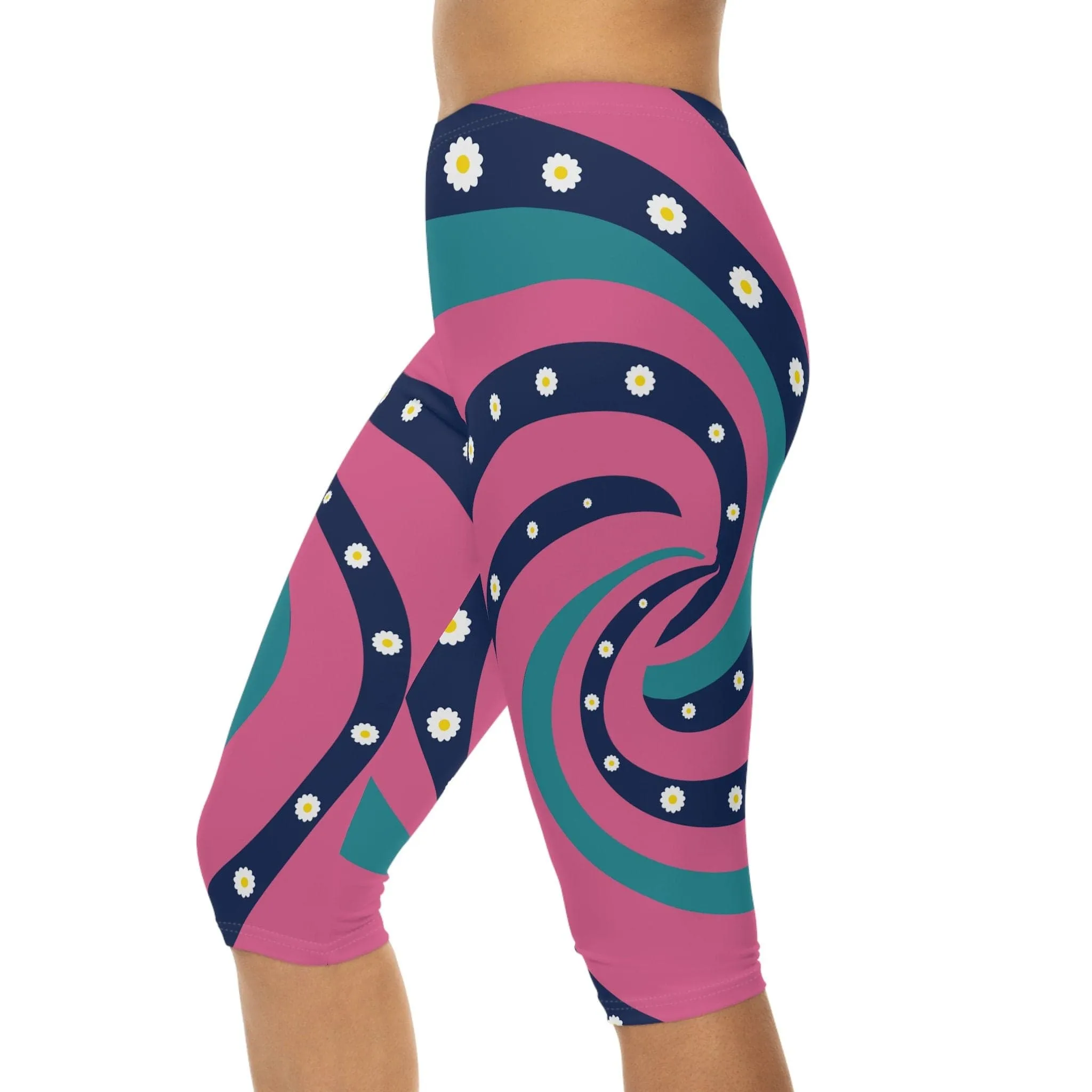 Groovy Flower Power 70s Psychedelic Swirl Skinny Fit Womens Capri Leggings