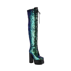 Hazel Sequin Green Thigh High Boots