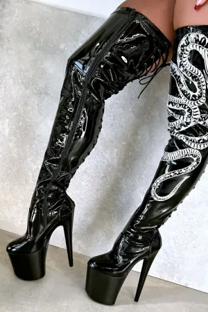 Hella Heels Thicc Thigh High 8inch Boots - Black/White Snake