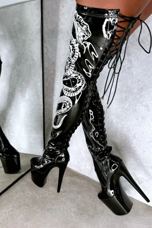 Hella Heels Viper Thigh High 8inch Boots - Black/White Snake