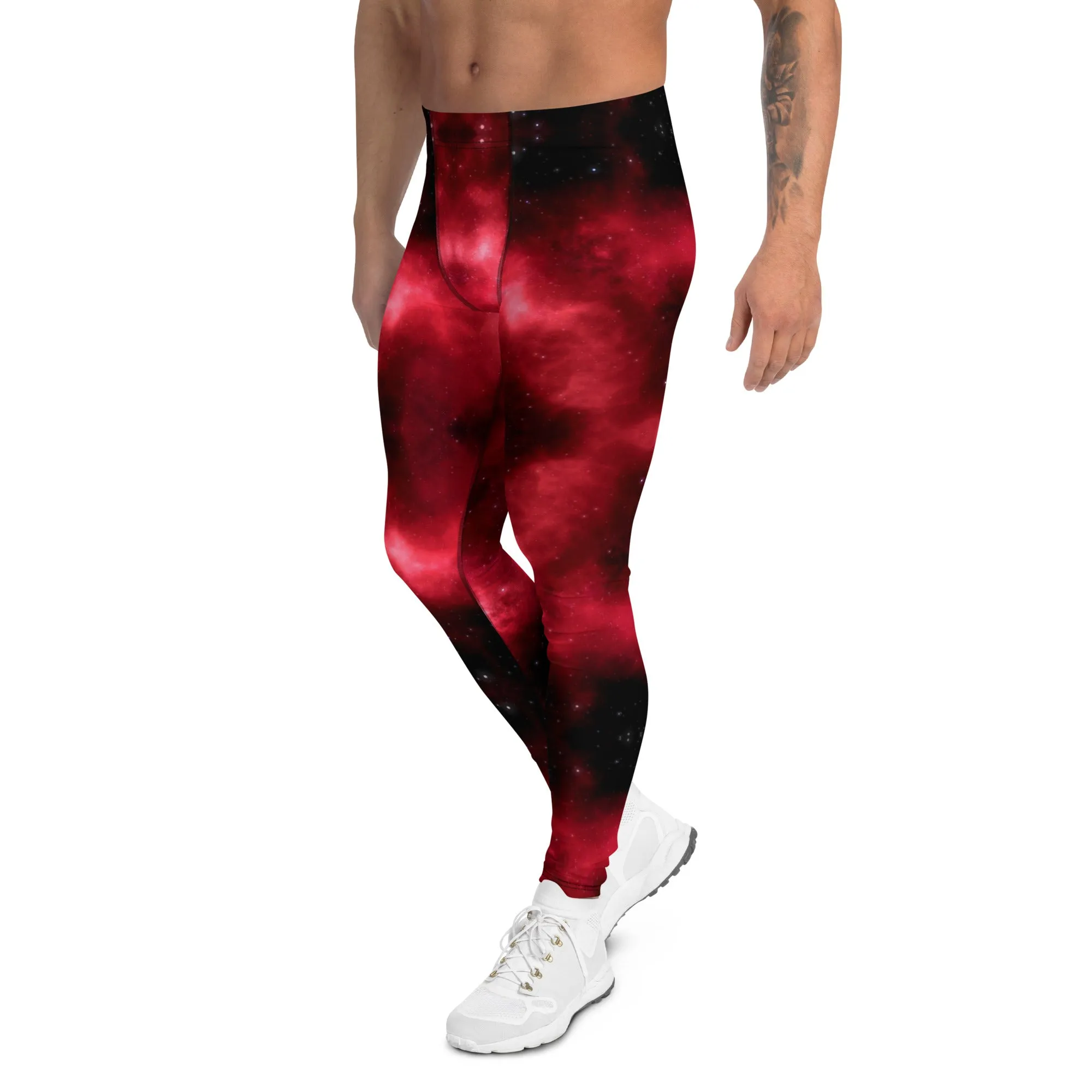 Hot Red Lightning Men's Leggings, Mens Lightning Storm Pants, Thunder Lightning Leggings For Men-Made in USA/EU/MX