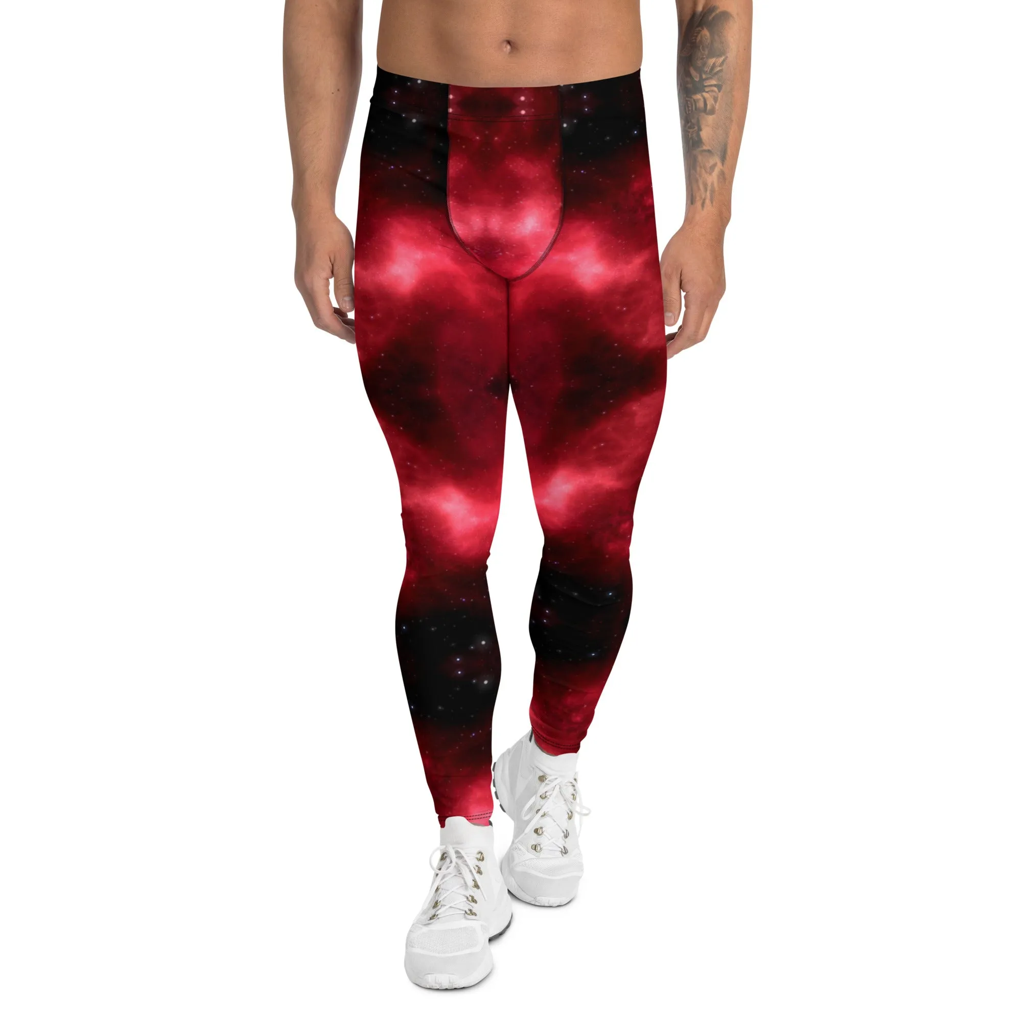 Hot Red Lightning Men's Leggings, Mens Lightning Storm Pants, Thunder Lightning Leggings For Men-Made in USA/EU/MX