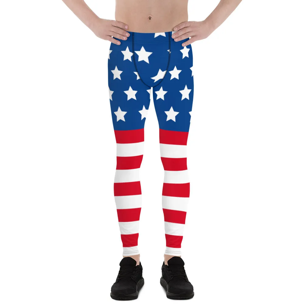 July 4th Holiday Meggings, American Flag Style Meggings, Festive US National Holiday Men's Leggings-Made in USA/EU/MX