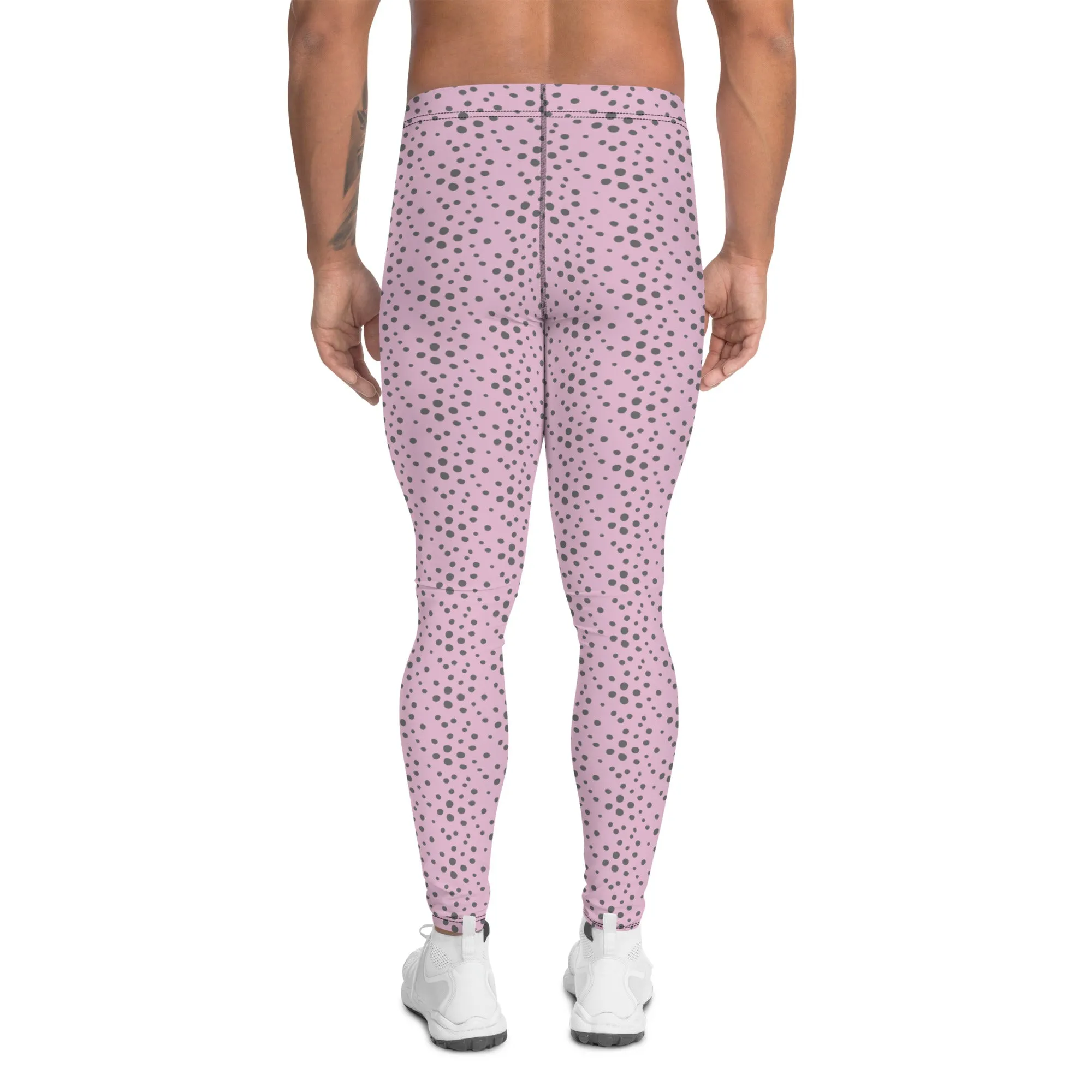 Light Pink Grey Dotted Meggings, Dots Pattern Designer Running Compression Tights For Men - Made in USA/EU/MX