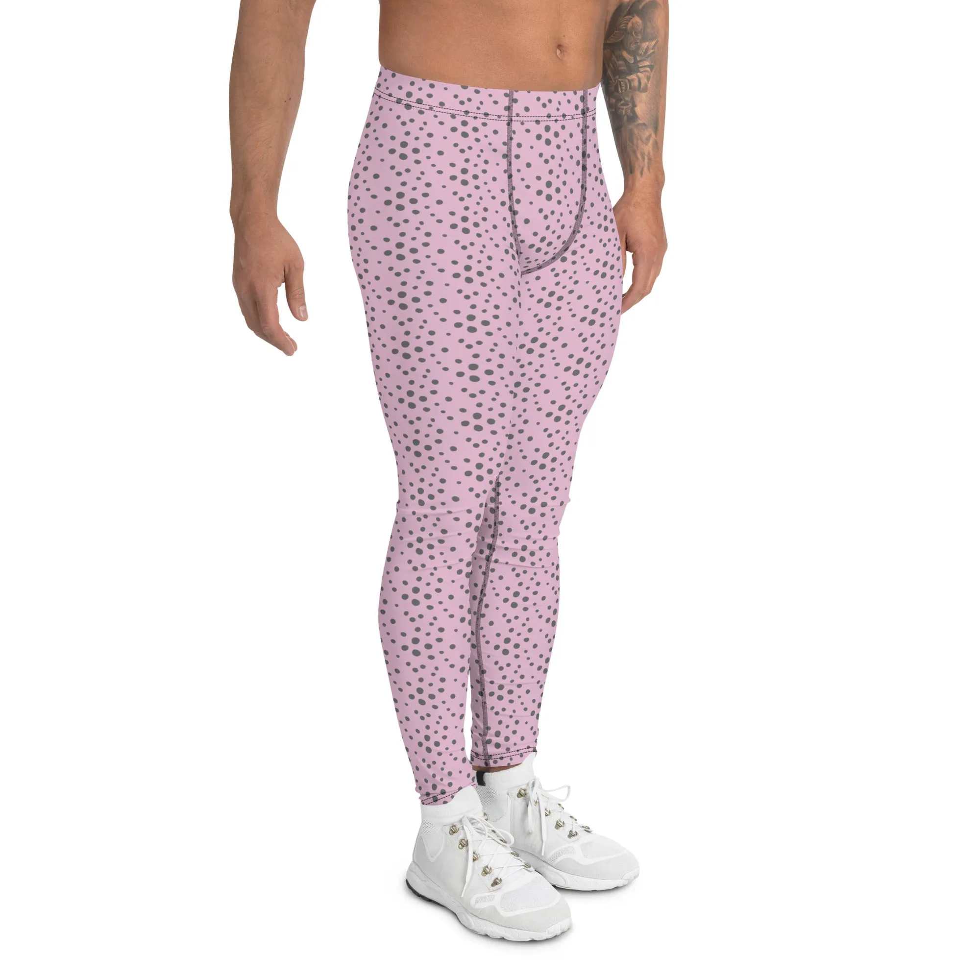 Light Pink Grey Dotted Meggings, Dots Pattern Designer Running Compression Tights For Men - Made in USA/EU/MX