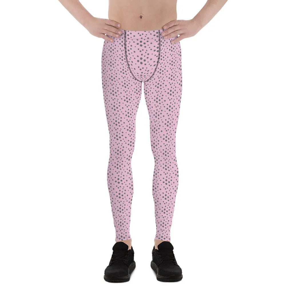 Light Pink Grey Dotted Meggings, Dots Pattern Designer Running Compression Tights For Men - Made in USA/EU/MX