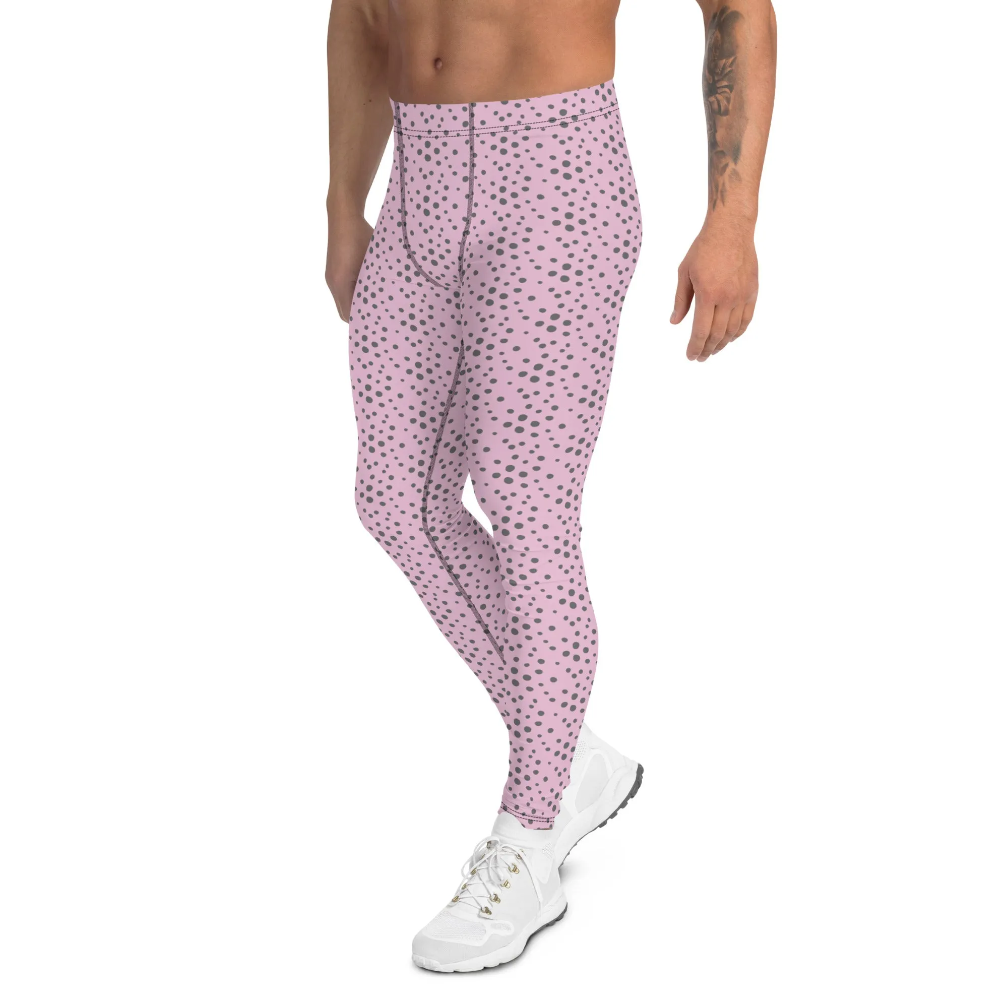 Light Pink Grey Dotted Meggings, Dots Pattern Designer Running Compression Tights For Men - Made in USA/EU/MX