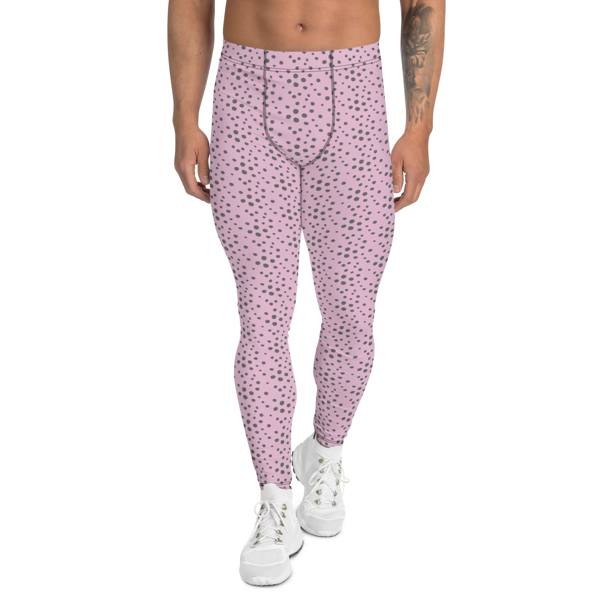 Light Pink Grey Dotted Meggings, Dots Pattern Designer Running Compression Tights For Men - Made in USA/EU/MX