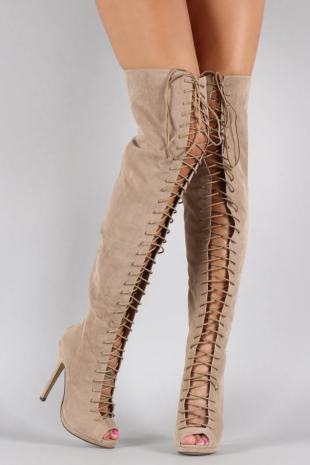 Liliana Peep Toe Lace Up Stiletto Thigh High Boot