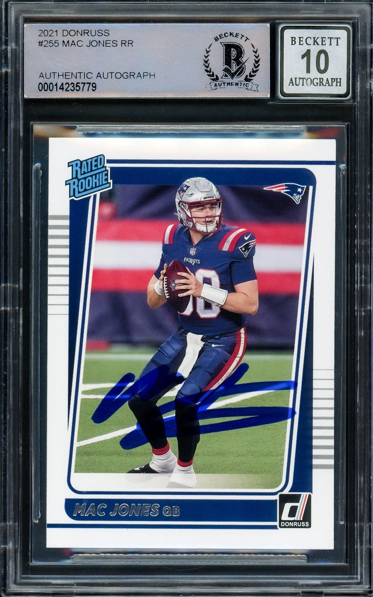 Mac Jones Autographed 2021 Donruss Rated Rookie Card #255 New England Patriots Auto Grade Gem Mint 10 Beckett BAS Stock #205964