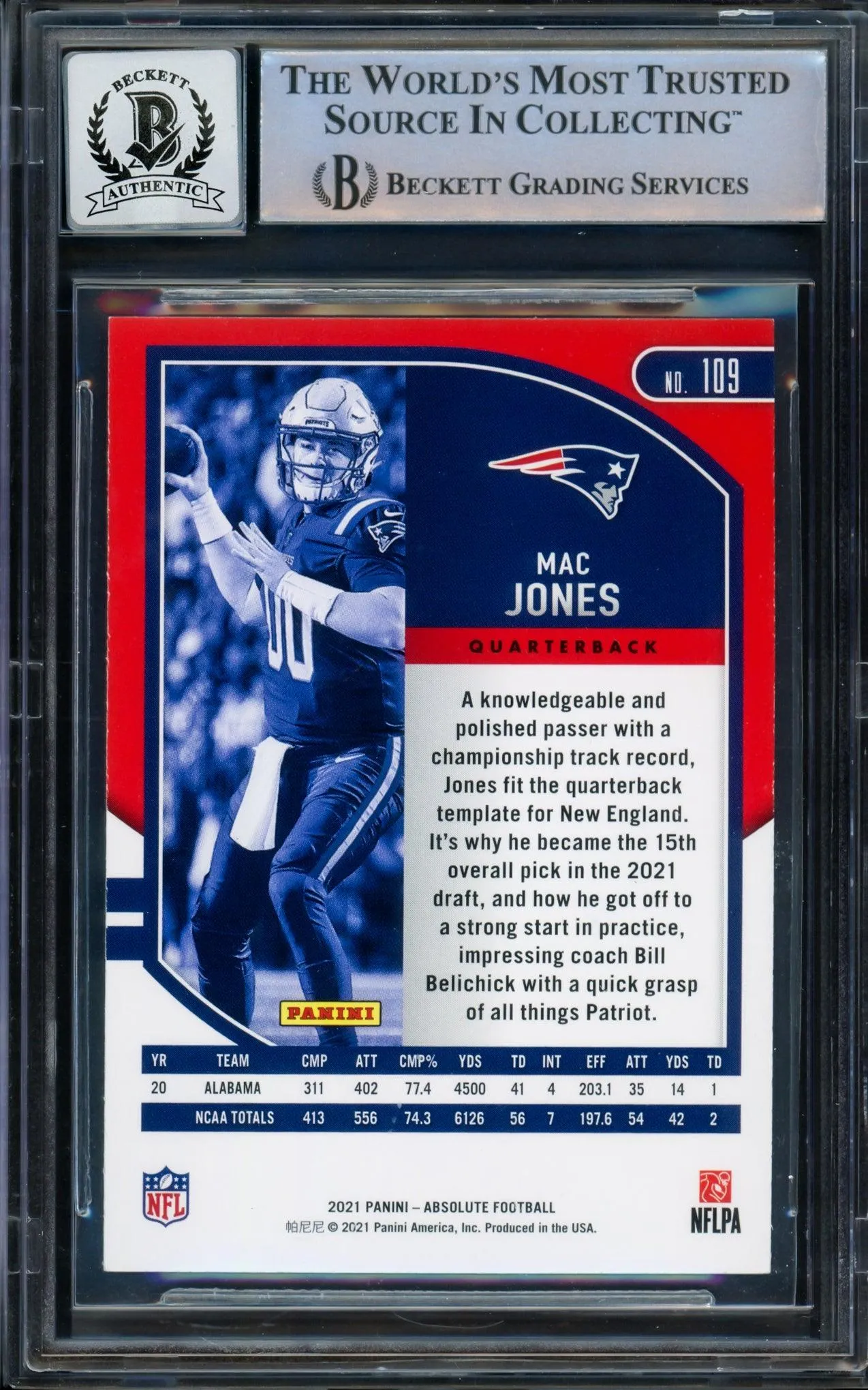 Mac Jones Autographed 2021 Panini Absolute Green Rookie Card #109 New England Patriots Auto Grade Gem Mint 10 Beckett BAS Stock #205968