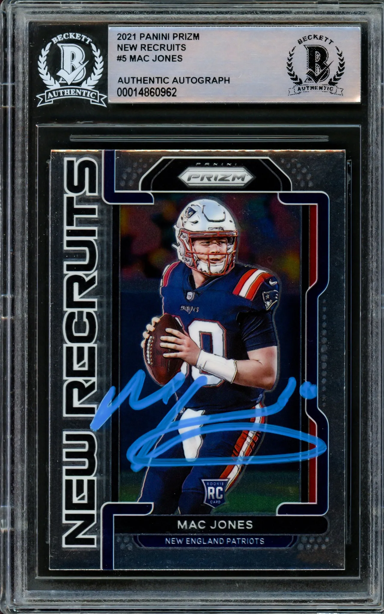 Mac Jones Autographed 2021 Panini Prizm New Recruits Rookie Card #NR-5 New England Patriots Beckett BAS #14860962