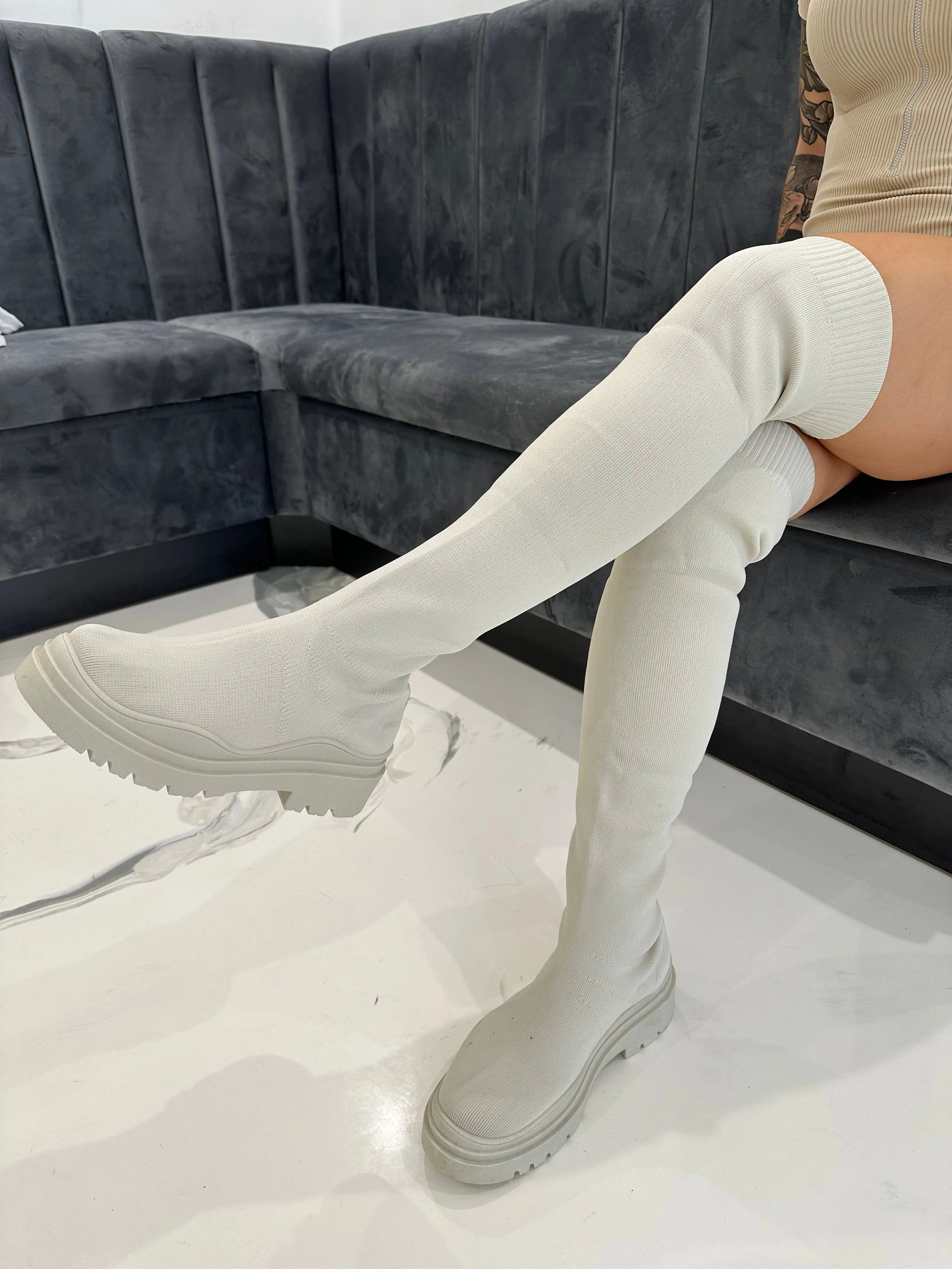 Marlyn - Cream Stretch Thigh High Chunky Sole Boots