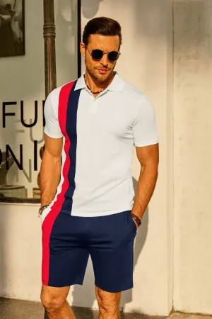 Men Contrast Color Outfits Casual Short Sleeve Polo-Shirt Shorts 2pcs Set