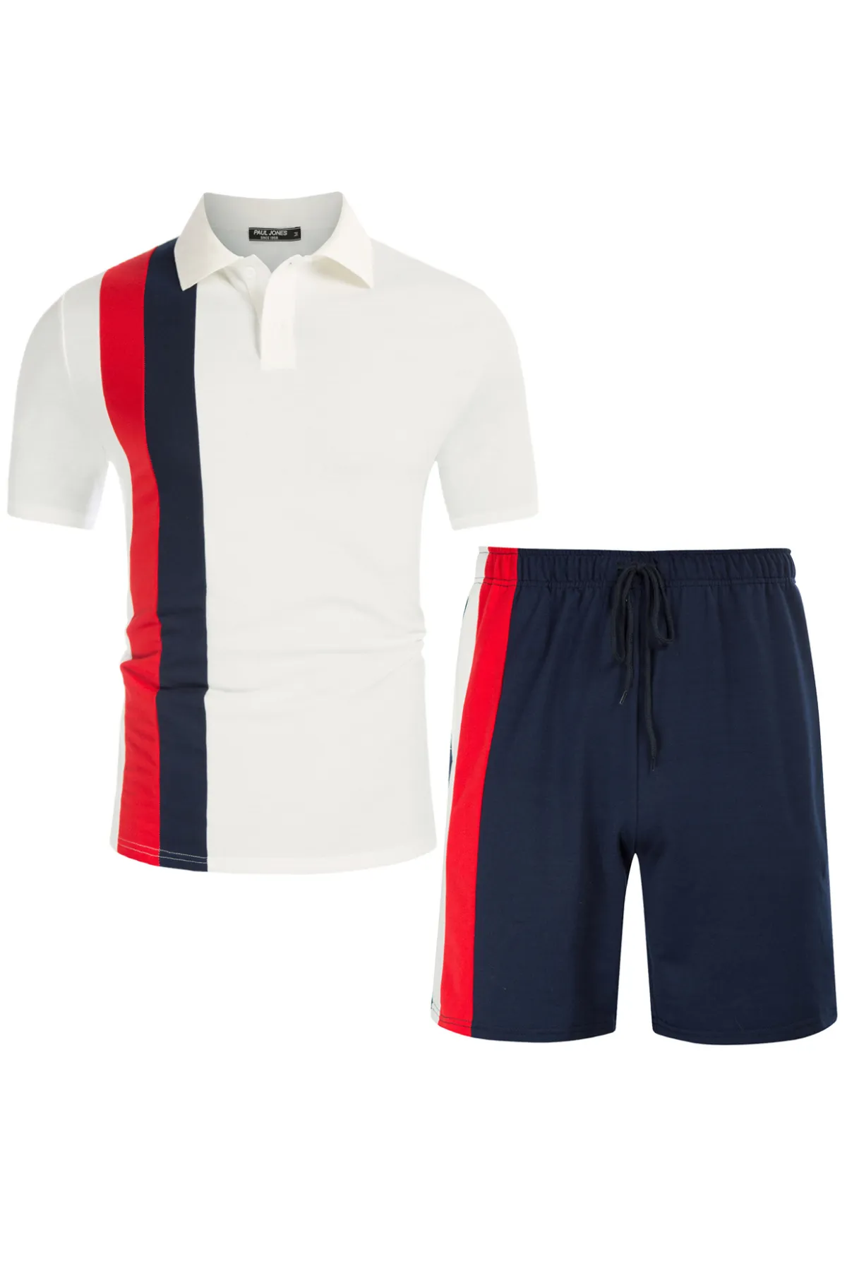 Men Contrast Color Outfits Casual Short Sleeve Polo-Shirt Shorts 2pcs Set