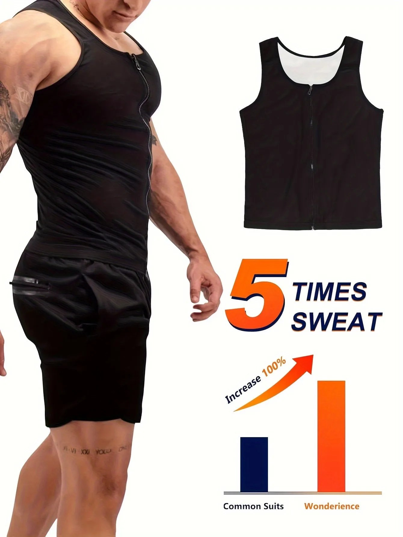 Mens Sauna Sweat Vest - Full-Zip, Ultra-High Elastic, Slim-Fit, Body-Defining Workout Shirt - Ideal for High-Intensity Sports and Fitness Activities