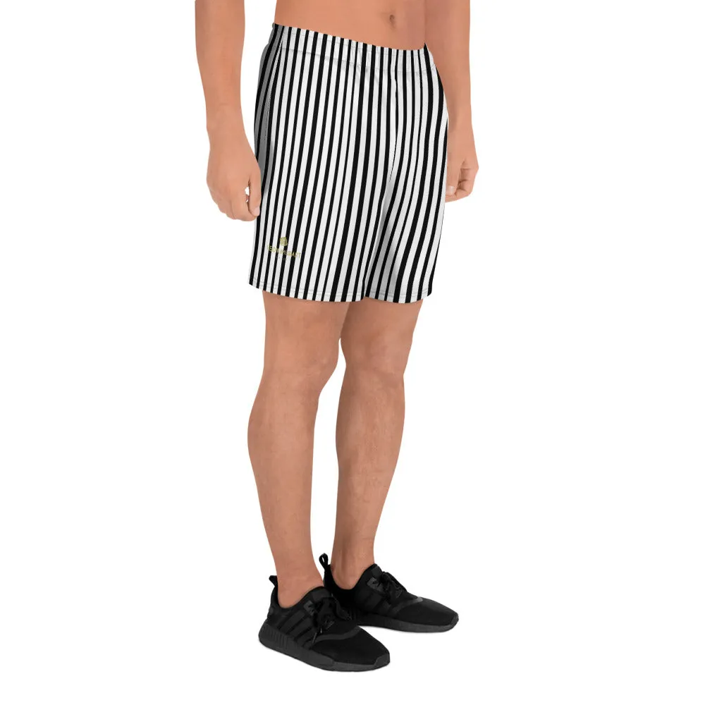 Modern Vertical Stripes Shorts, Black White Men's Athletic Long Workout Shorts Pants- Made in EU