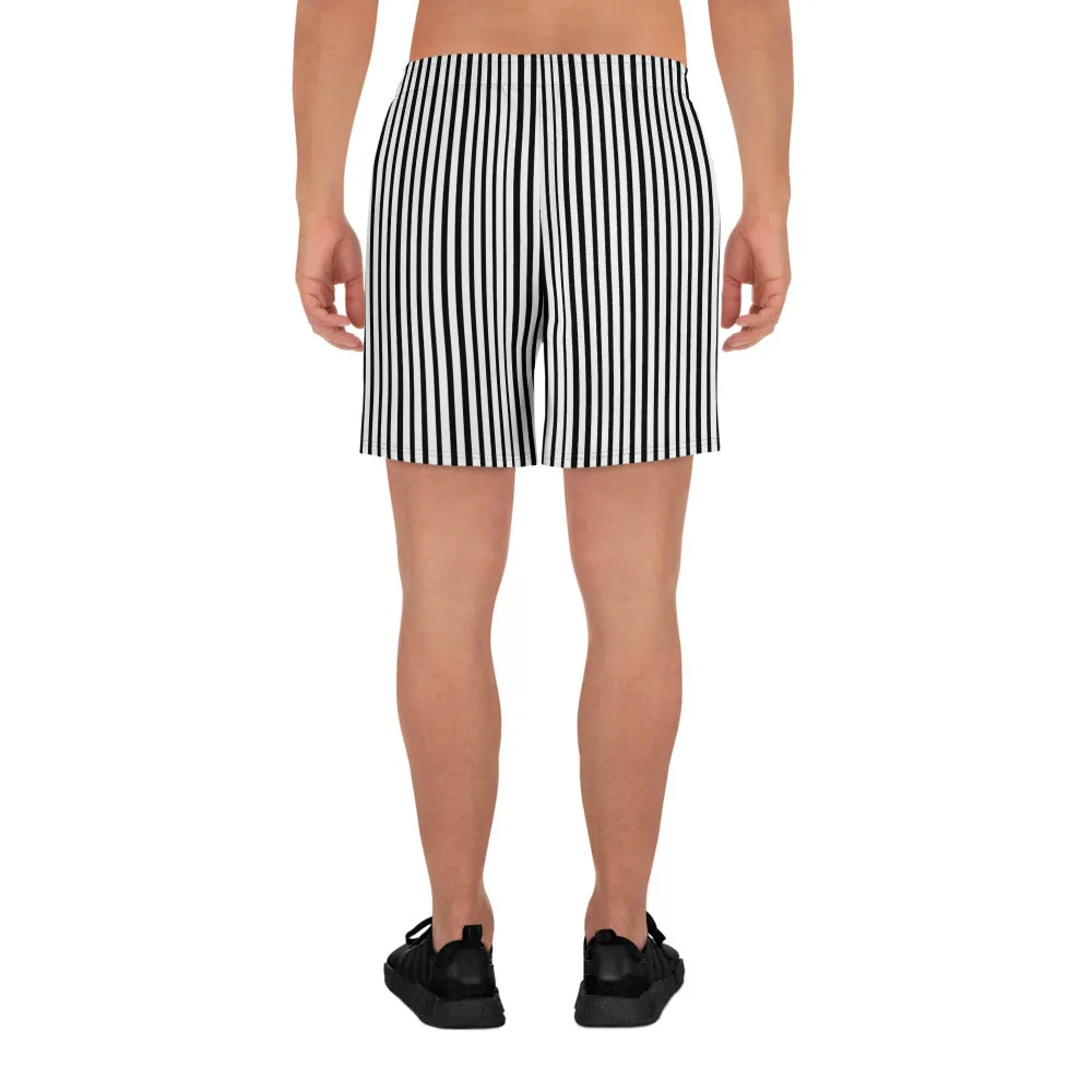 Modern Vertical Stripes Shorts, Black White Men's Athletic Long Workout Shorts Pants- Made in EU