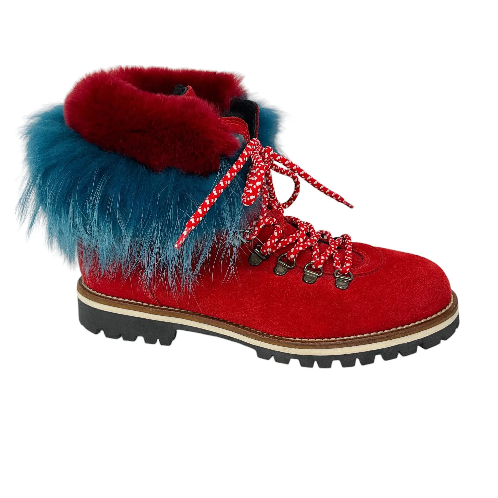 Mr & Mrs Italy Red / Blue Fox Fur Trimmed Shearling Lined Suede Boots