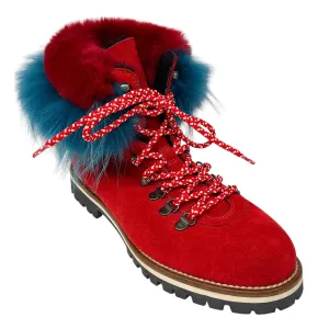 Mr & Mrs Italy Red / Blue Fox Fur Trimmed Shearling Lined Suede Boots