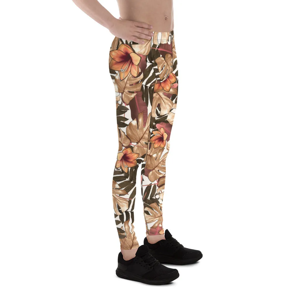 Orange Brown Tropical Meggings, Palm Leaf Men's Compression Tights-Made in USA/EU