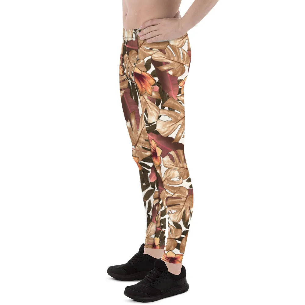 Orange Brown Tropical Meggings, Palm Leaf Men's Compression Tights-Made in USA/EU