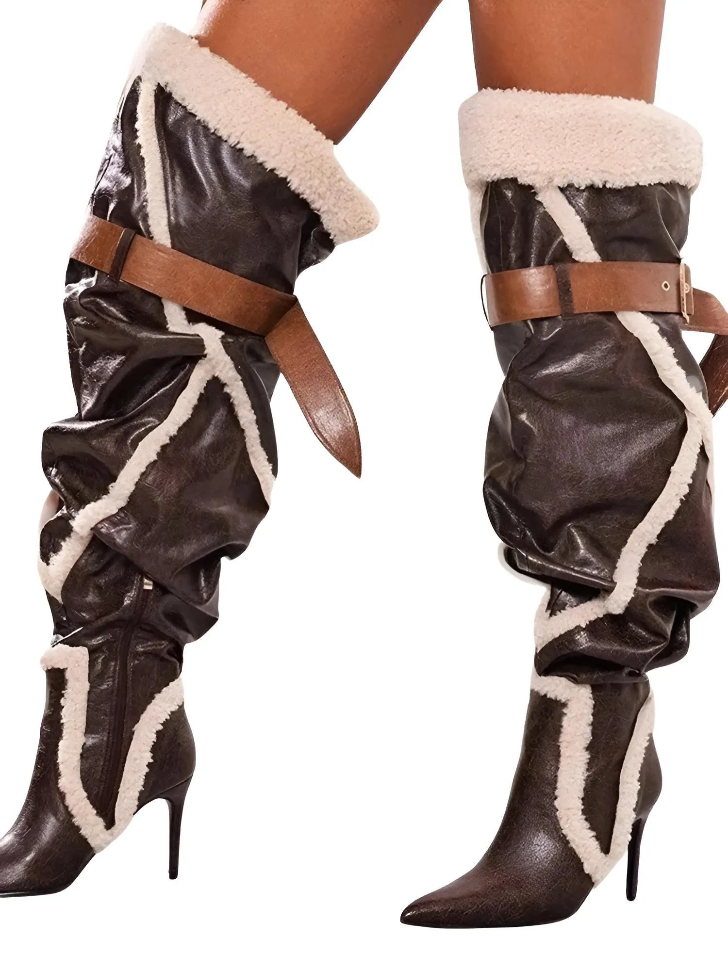 Patchwork Plush Leather Thigh High Boots Pointy Toe Stiletto Heels Belt Buckle Women's Long Boots Winter Brown Runway Shoes