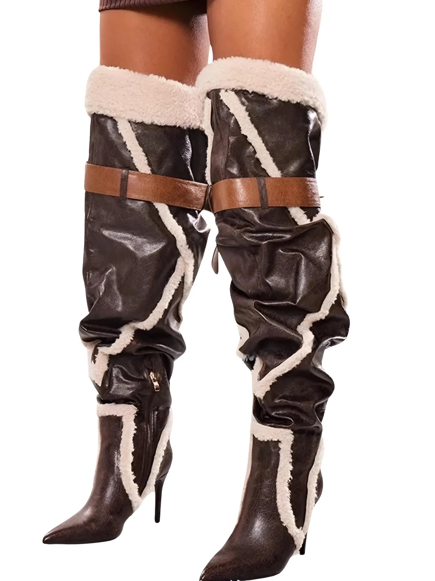 Patchwork Plush Leather Thigh High Boots Pointy Toe Stiletto Heels Belt Buckle Women's Long Boots Winter Brown Runway Shoes