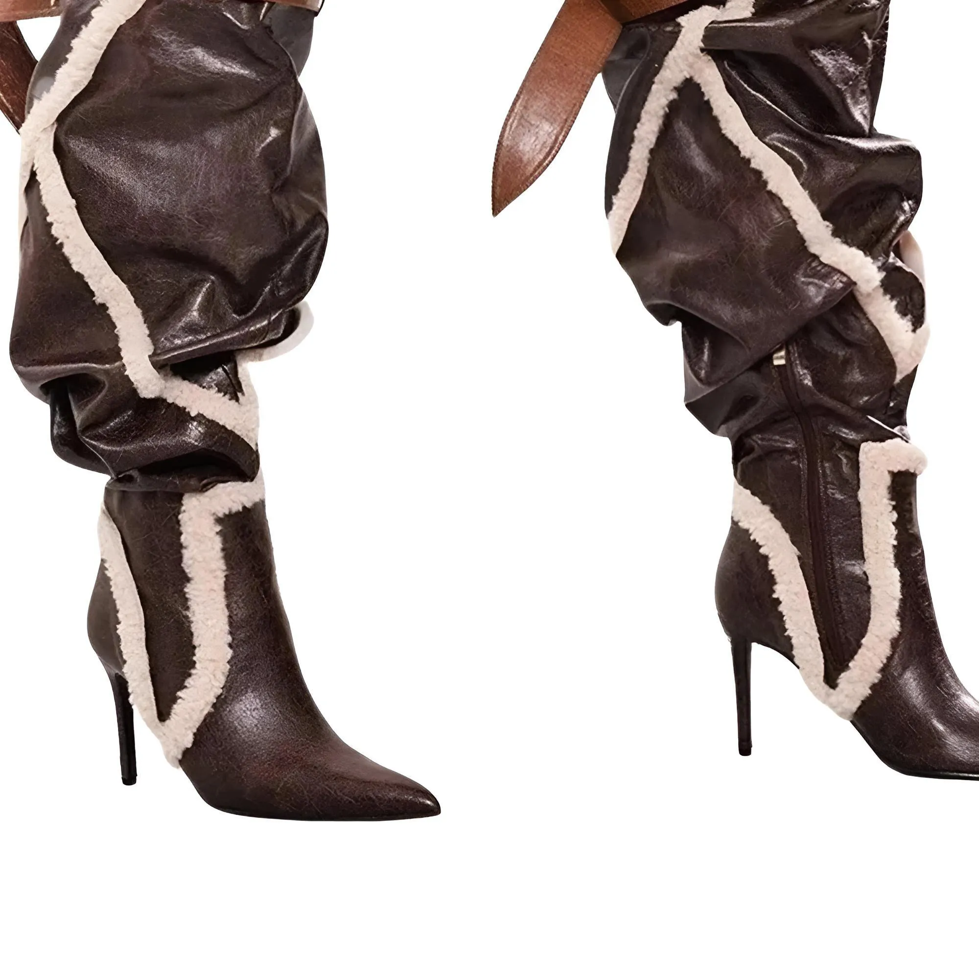 Patchwork Plush Leather Thigh High Boots Pointy Toe Stiletto Heels Belt Buckle Women's Long Boots Winter Brown Runway Shoes