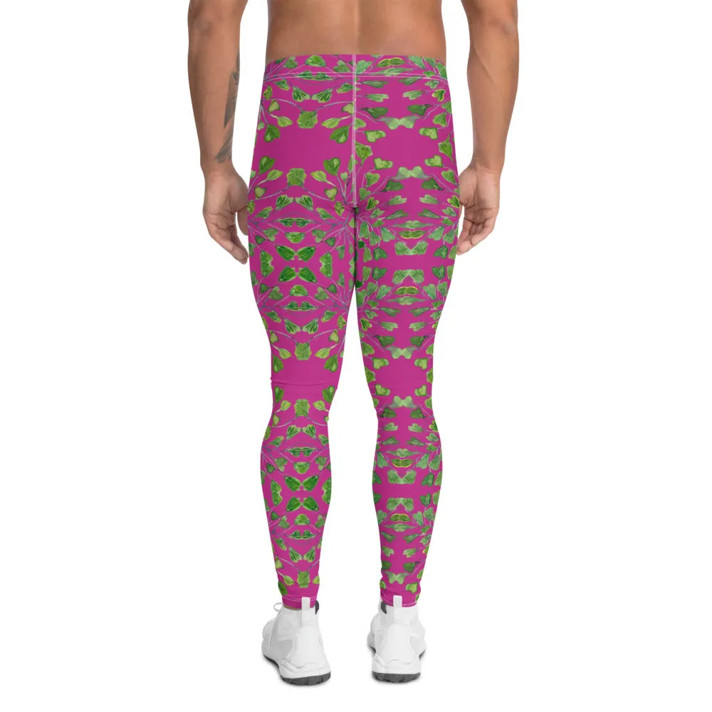 Pink Fern Floral Men's Leggings, Botanical Leaf Art Meggings Run Tights-Made in USA/EU