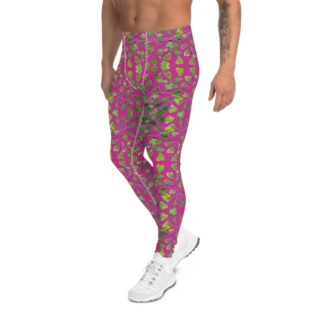 Pink Fern Floral Men's Leggings, Botanical Leaf Art Meggings Run Tights-Made in USA/EU