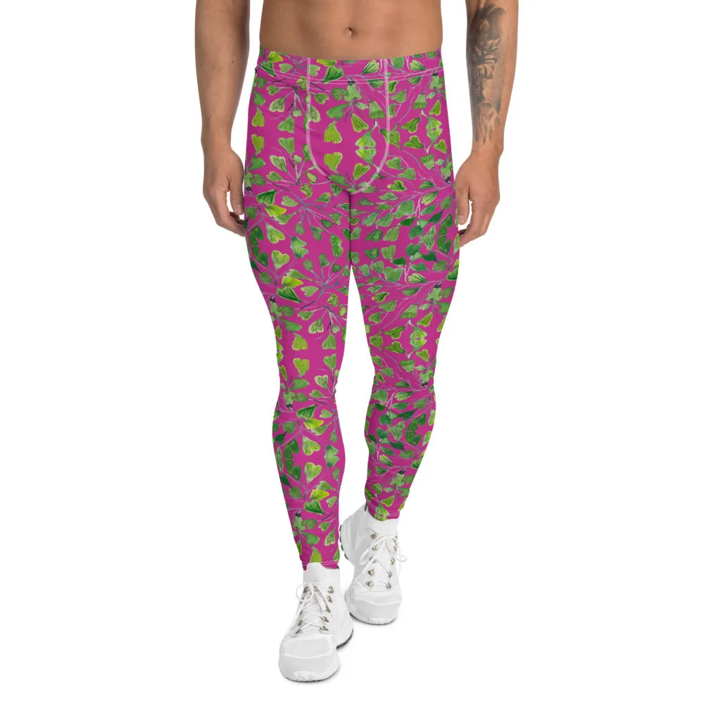 Pink Fern Floral Men's Leggings, Botanical Leaf Art Meggings Run Tights-Made in USA/EU