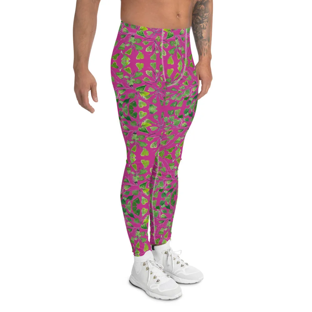 Pink Fern Floral Men's Leggings, Botanical Leaf Art Meggings Run Tights-Made in USA/EU