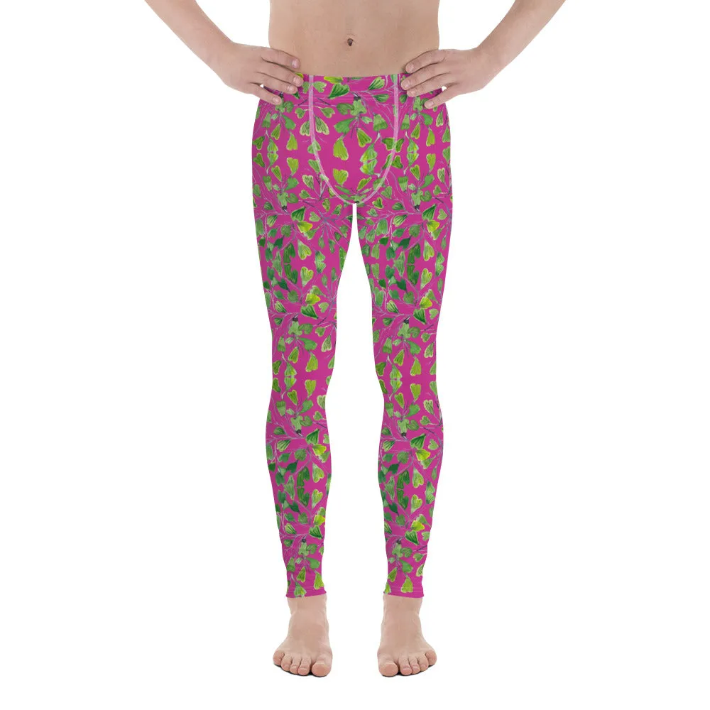 Pink Fern Floral Men's Leggings, Botanical Leaf Art Meggings Run Tights-Made in USA/EU