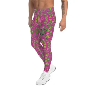 Pink Fern Floral Men's Leggings, Botanical Leaf Art Meggings Run Tights-Made in USA/EU