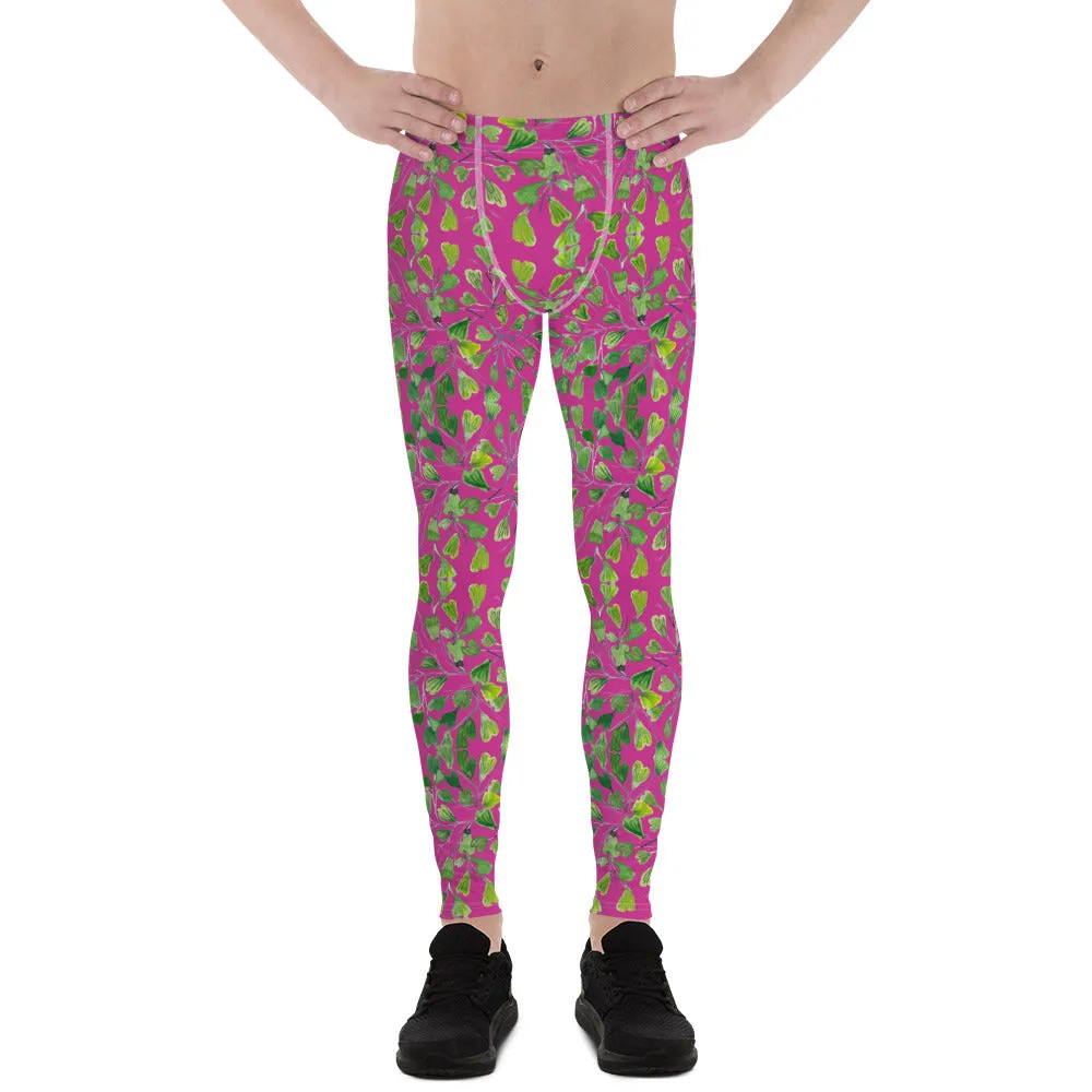 Pink Fern Floral Men's Leggings, Botanical Leaf Art Meggings Run Tights-Made in USA/EU