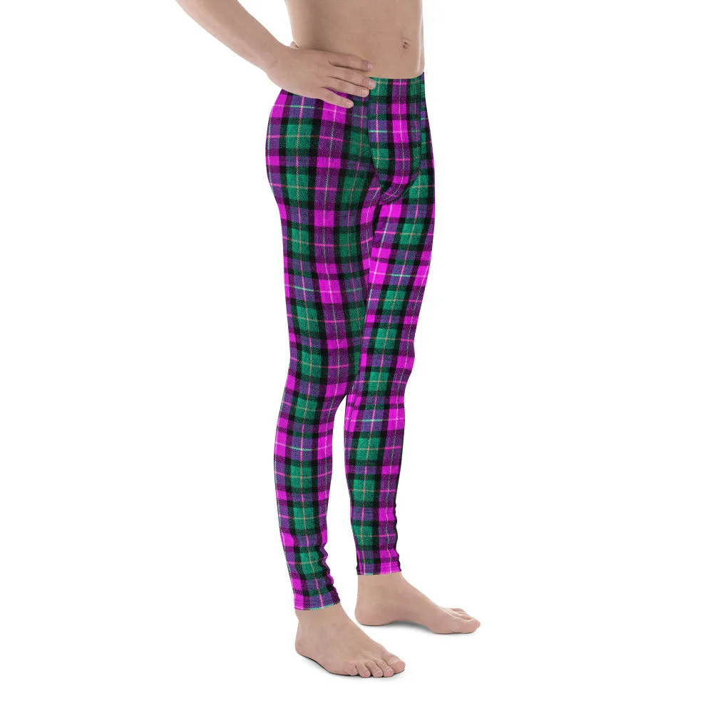 Pink Green Plaid Print Meggings, Pink Green Tartan Plaid Print Best Designer Meggings, Men's Running Leggings Run Tights-Made in USA/EU/MX