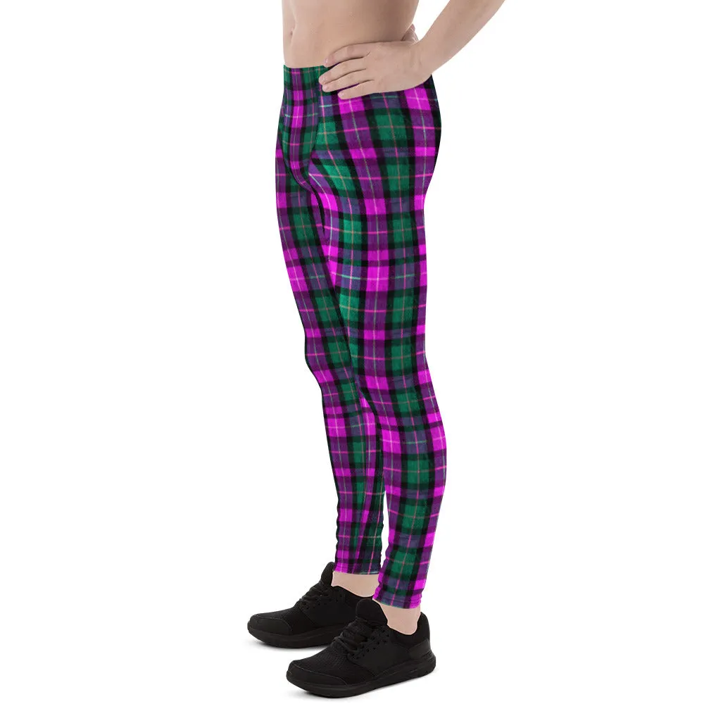 Pink Green Plaid Print Meggings, Pink Green Tartan Plaid Print Best Designer Meggings, Men's Running Leggings Run Tights-Made in USA/EU/MX