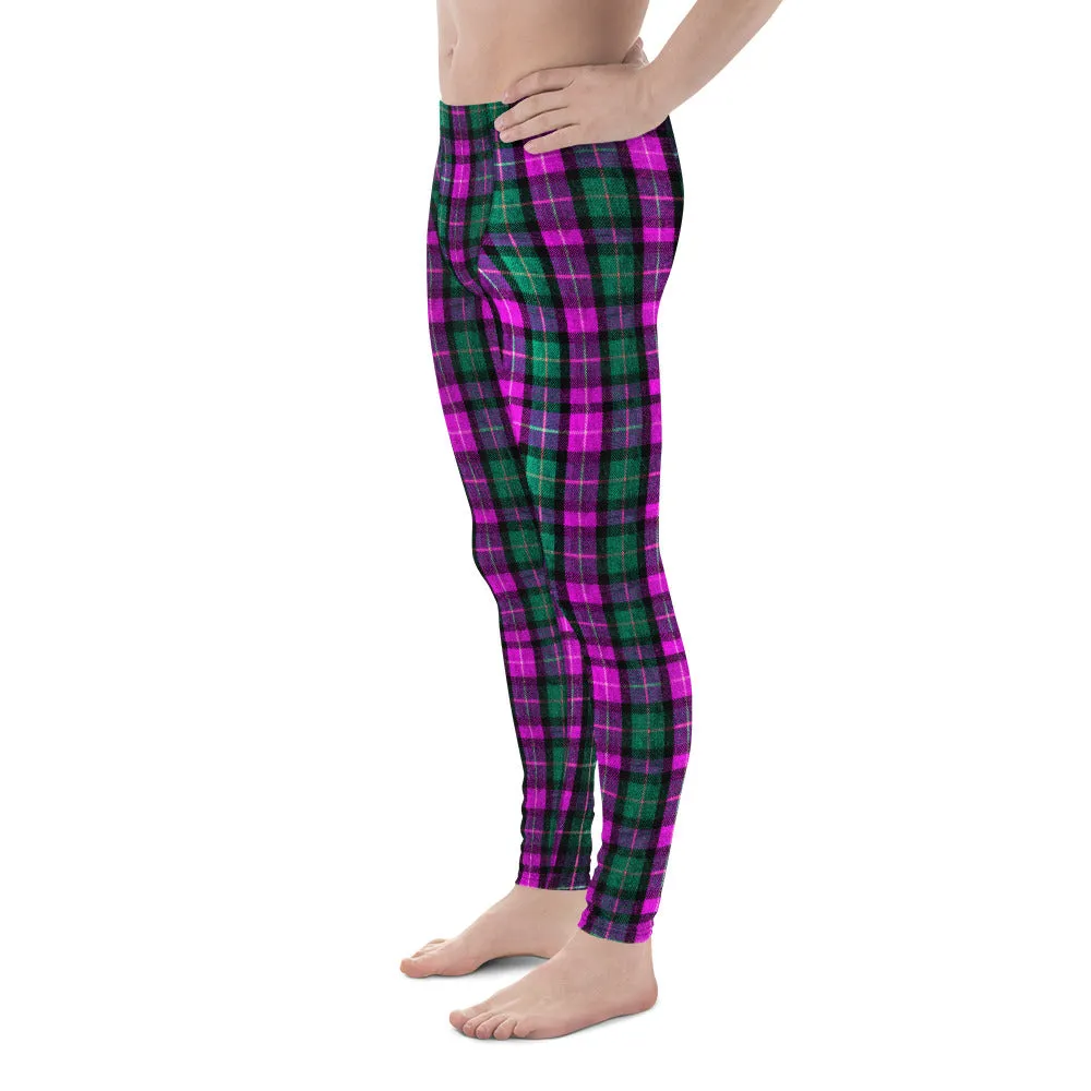 Pink Green Plaid Print Meggings, Pink Green Tartan Plaid Print Best Designer Meggings, Men's Running Leggings Run Tights-Made in USA/EU/MX