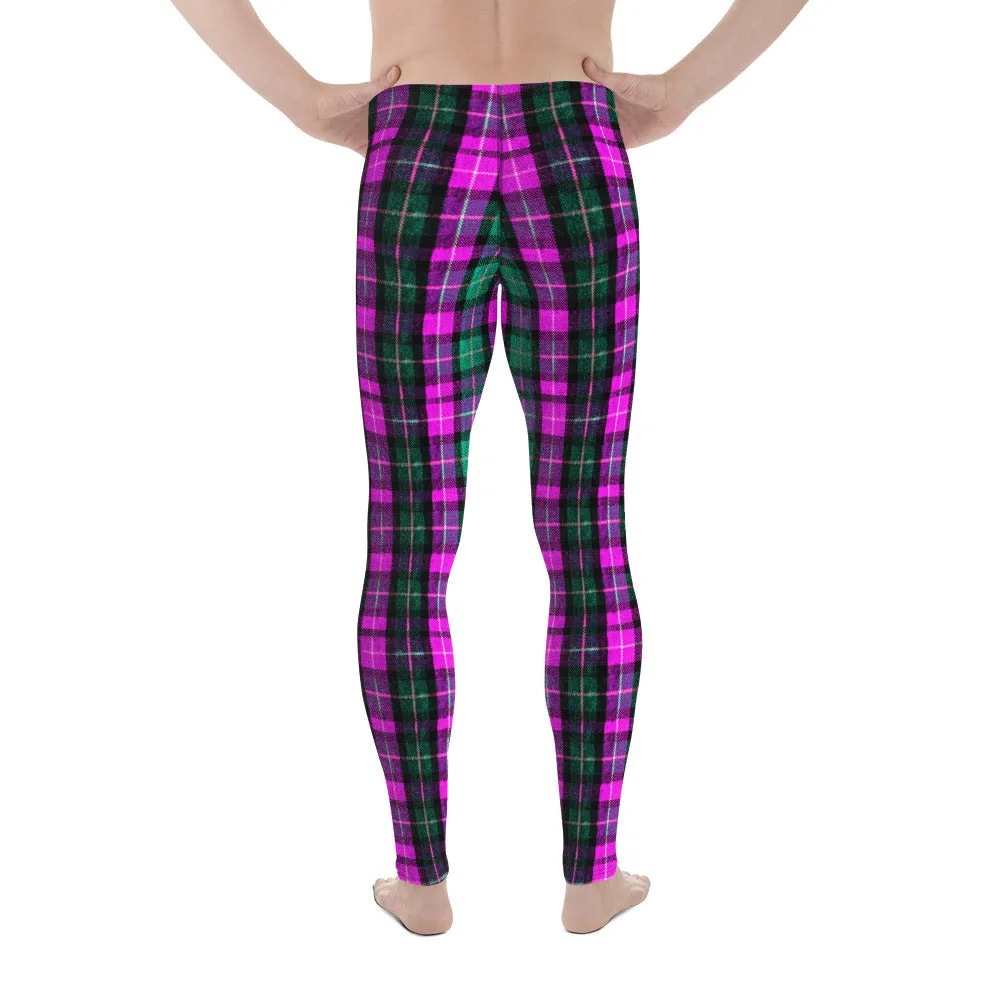 Pink Green Plaid Print Meggings, Pink Green Tartan Plaid Print Best Designer Meggings, Men's Running Leggings Run Tights-Made in USA/EU/MX