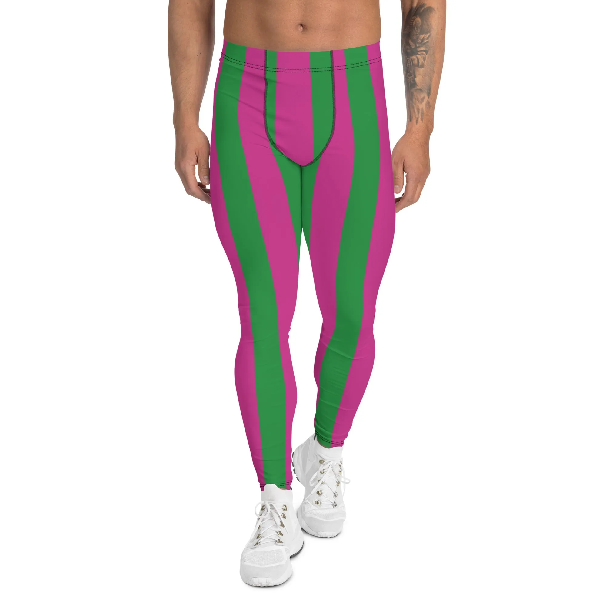 Pink Green Stripes Men's Leggings, Vertically Striped Meggings Running Tights-Made in USA/EU/MX