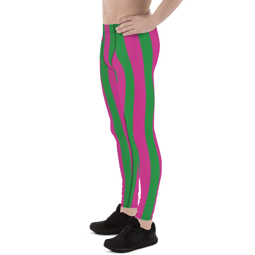 Pink Green Stripes Men's Leggings, Vertically Striped Meggings Running Tights-Made in USA/EU/MX